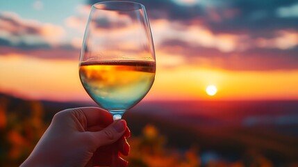 white wine on sunset sky background hand holding a glass of alcohol : Generative AI