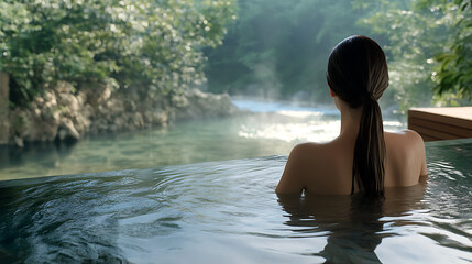 Fototapeta premium Realistic back view of a woman soaking in a luxury hotel hot spring bath in front of a clear river, relaxing atmosphere 