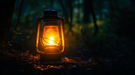 A lantern is lit up in the dark in the woods.