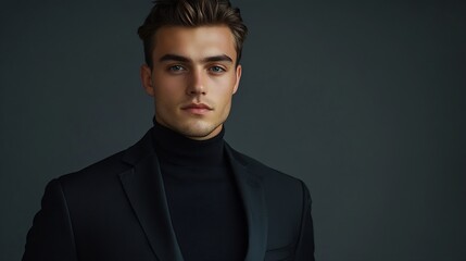 Fototapeta premium A young queer man dressed in a sleek black suit confidently poses for the camera in a studio with a grey background : Generative AI