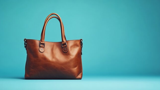 Brown leather ladies bag flying on blue background Fashionable and modern womens handbag : Generative AI