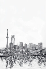 Kobe, Japan, black and white pen pencil hand-drawn effect portrait drawing illustration for travel poster, card, wallpaper, backdrop or banner. Modern, clear, artistic and simple