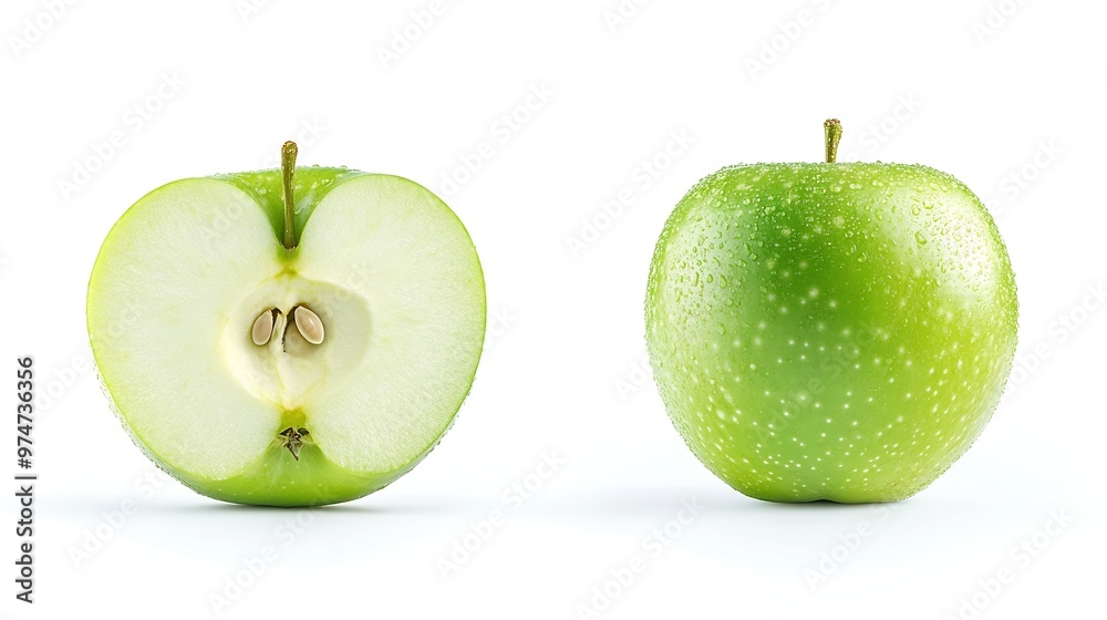 Poster green apple half with seeds isolated on white background half of green apple fruit with clipping pat