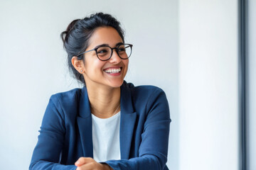 An Indian businesswoman in her 30s, wearing glasses, is happily smiling while sitting in her office in front of a window.