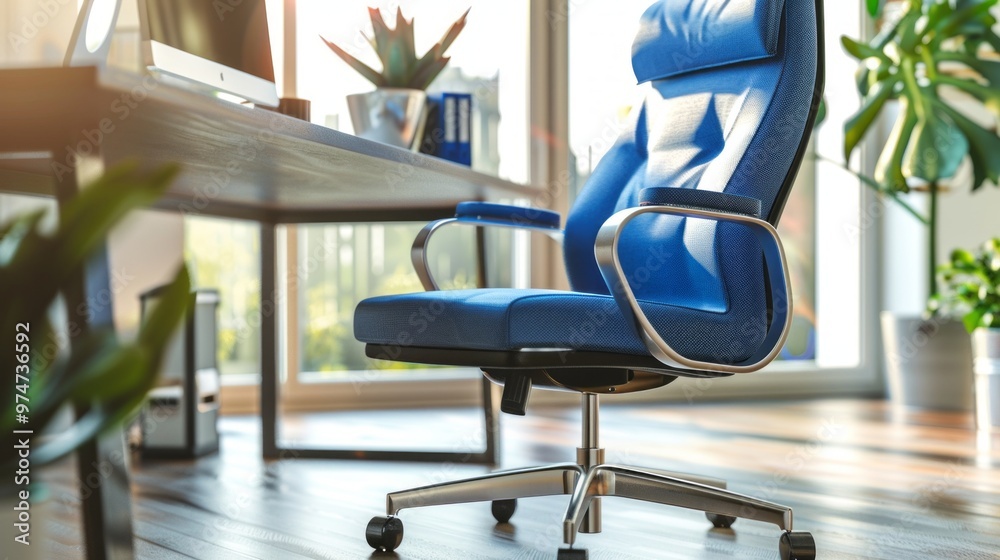 Poster a blue office chair sits in front of a desk with a computer monitor