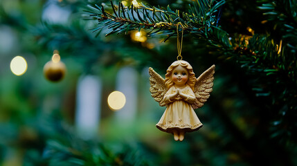 A small angel ornament hanging from a Christmas tree.