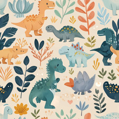 Сhildish pattern with cute dinosaur, baby shower greeting card. Animal seamless background, cute vector texture for kids bedding, fabric, wallpaper, wrapping paper, textile, t-shirt print