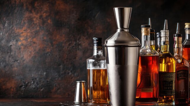A cocktail shaker surrounded by various bottles of spirits on a textured background.
