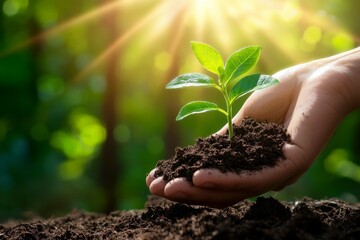 Nurturing nature  a hand cradling soil with a young plant amidst sunlit forest for ecology awareness