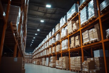 Fototapeta premium Expansive warehouse interior with tall shelves and bright lighting for commercial storage solutions