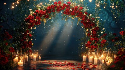 A romantic arch adorned with red roses and glowing candles, set in a magical atmosphere.