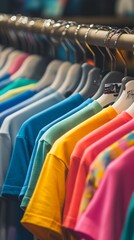 Fototapeta premium A variety of colorful t-shirts hanging on wooden hangers in an online store, representing the diverse range and color choices available for sale