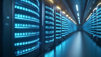 Futuristic server room with illuminated racks and a sleek design, showcasing advanced technology and data storage capabilities.
