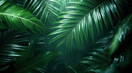 An image showing lush, green tropical palm leaves overlapping each other, giving a vibrant and dense appearance, creating an impression of abundance and tropical richness.