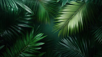 An aesthetically pleasing arrangement of green tropical palm leaves, providing an abstract view that highlights nature’s beauty, complexity, and the richness of plant life.