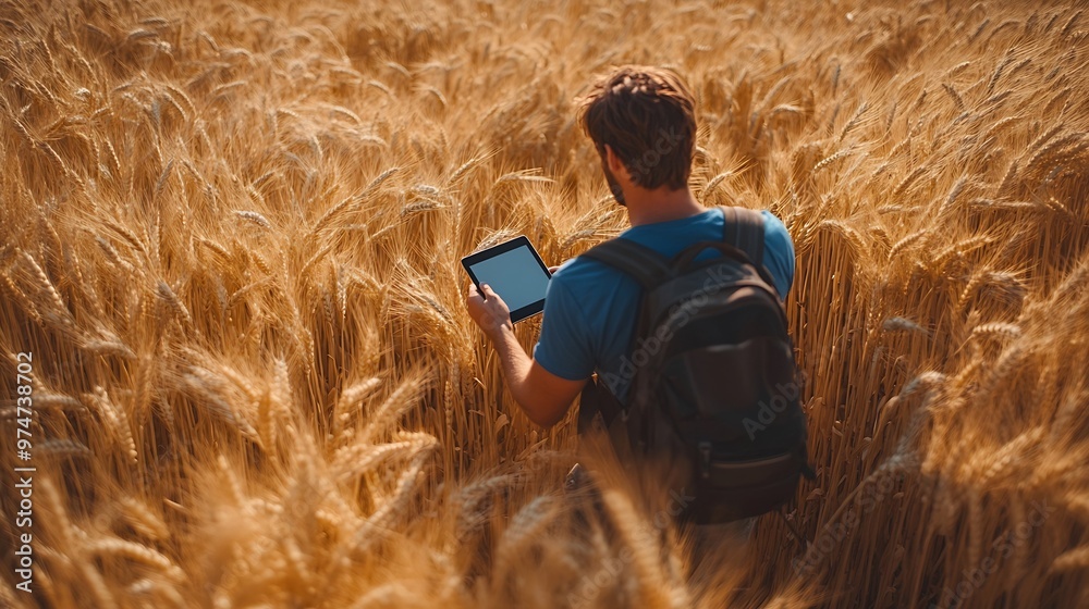 Fototapete farmer using tablet in wheat field view from above of a farmer in blue shirt using a tablet in a you