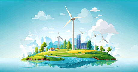 Sustainability illustration set. ESG, green energy, sustainable industry with windmills and solar energy panels. Environmental, Social, and Corporate Governance concept. Vector illustration.