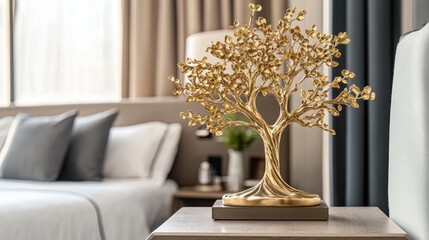 Golden Tree Sculpture Adds Modern Elegance to Bedroom Design