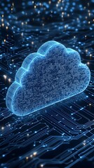 Fototapeta premium Futuristic digital cloud design with circuit patterns and glowing elements, representing technology and data storage concepts.