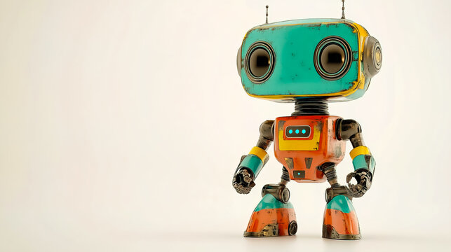 Colorful small robot standing in front of a white background.