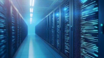 Fototapeta premium Modern data center corridor showcasing rows of sleek servers illuminated in blue light, symbolizing technology and innovation.
