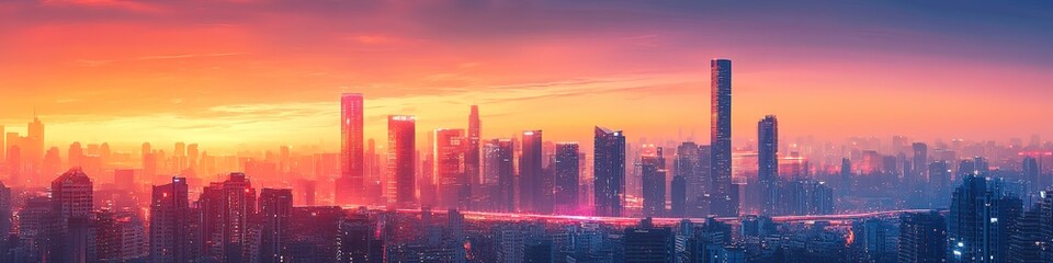 Fototapeta premium Sunset skyline with vibrant hues over urban cityscape