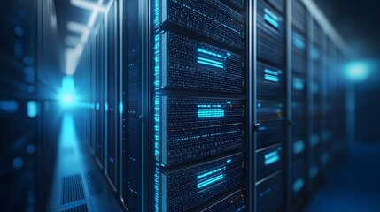 Modern data center with rows of server racks illuminated by blue lights, showcasing advanced technology and infrastructure.