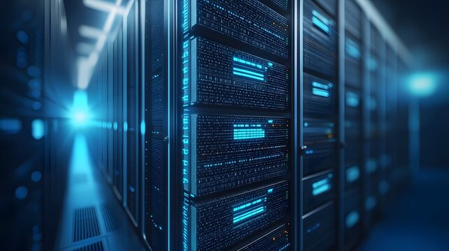Modern data center with rows of server racks illuminated by blue lights, showcasing advanced technology and infrastructure.