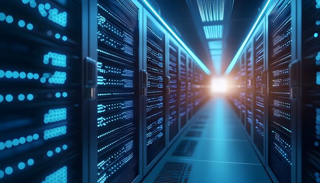 A modern data center with illuminated server racks, showcasing advanced technology and efficient organization.
