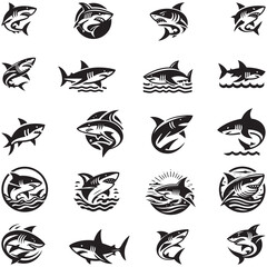 black and white Shark icons set