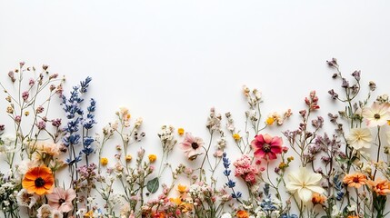 Delicate floral arrangement of dried pressed wildflowers corner design Design element for poscards wedding cards invitations frames interior decorating Pressed floristry oshibana : Generative AI