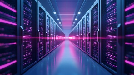 Obraz premium Futuristic data center corridor showcasing illuminated server racks in a vibrant digital environment with a technological ambiance.
