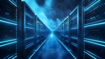 Obraz premium Futuristic data center corridor with glowing servers and abstract lighting, representing modern technology and innovation.