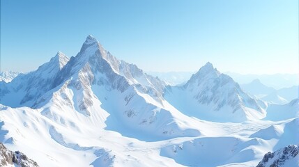 Fototapeta premium Expansive panoramic View Snow-covered Mountain Range Under a Clear Blue Sky