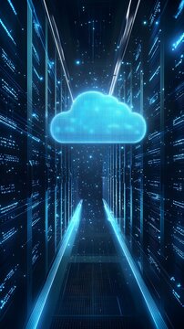 Futuristic data center with glowing network cables leading to a digital cloud symbol, representing cloud computing technology.
