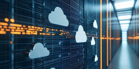 Futuristic data center showcasing server room with cloud computing icons against digital backdrop for technology concepts.