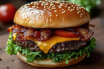 mouthwatering closeup of a gourmet bacon cheeseburger showcasing layers of juicy beef crispy bacon melted cheese fresh lettuce and ripe tomato