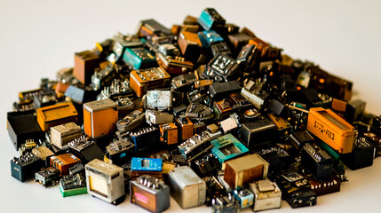 Top view of large heap of old transistors on white background.