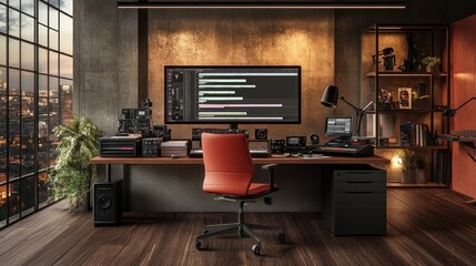 A modern workspace featuring a computer, desk, and ergonomic chair in a stylish environment.