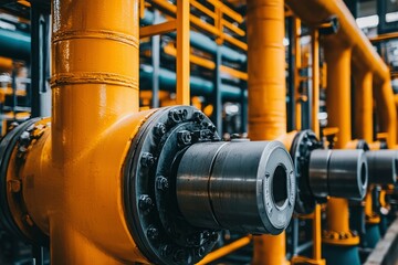 Close-up of a Large Industrial Pipe System with Yellow and Black Components