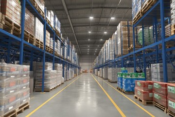 Obraz premium Brightly lit warehouse featuring blue and white racking systems filled with goods on pallets