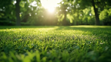 Naklejka premium Closeup of beautiful green lawn in park Action Movement on surface of green lawn in park on sunny summer day Beautiful manicured lawn in park : Generative AI