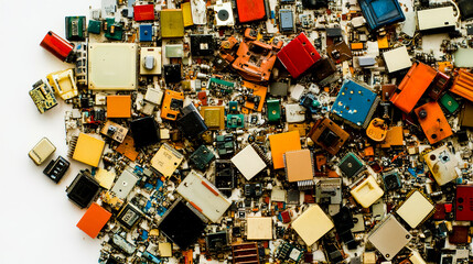 Top view of large heap of new transistors on white background.