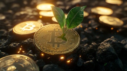 Bitcoin Blooms: Green Plant Sprouts From Glowing Crypto Coins