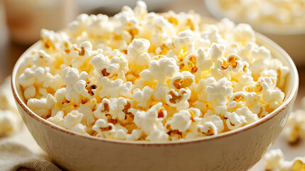 large bowl of freshly popped popcorn, perfectly coated in melted butter, with a warm