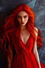 Woman with long red hair and red dress.