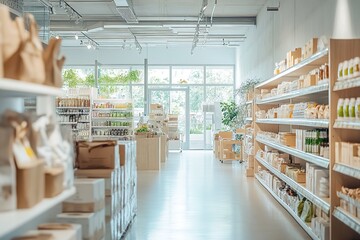 Modern sustainable grocery store with eco-friendly products.