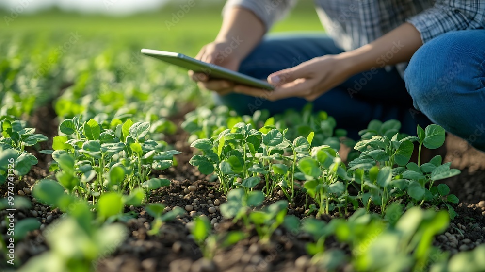 Fototapete smart farming soybean technology female farmer with digital tablet examines and checkins roots of so