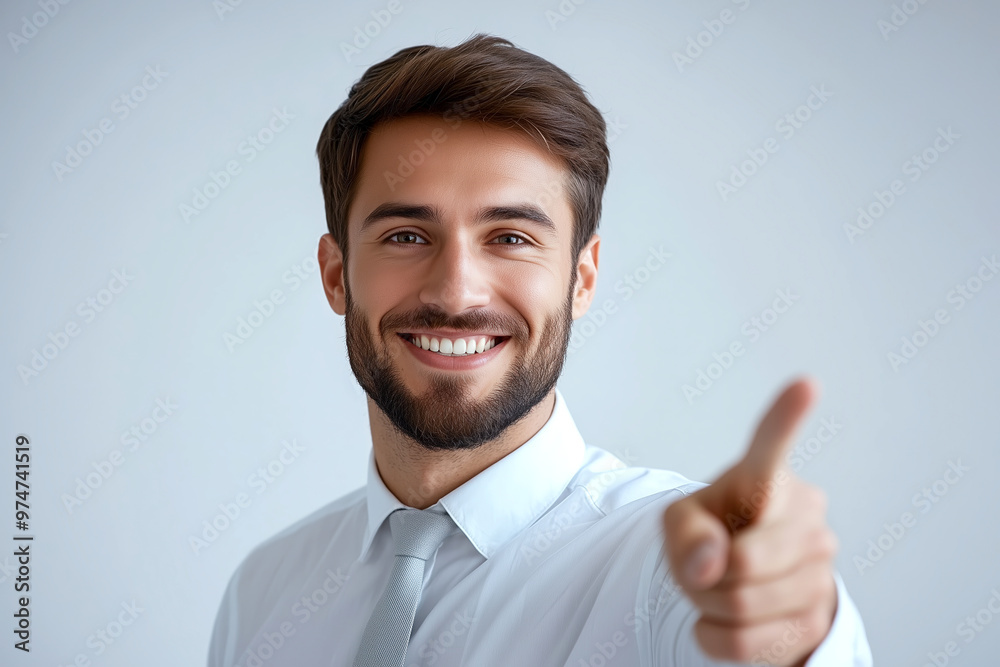 Wall mural businessman pointing with his hand smiling to yo over white background