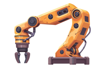 A robotic arm assembling parts on a white background.